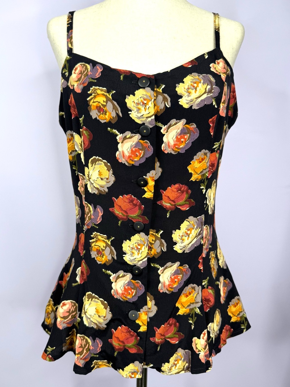 Betsey Johnson Vintage 90's Black Label Orange Rose Peplum Button Up Top